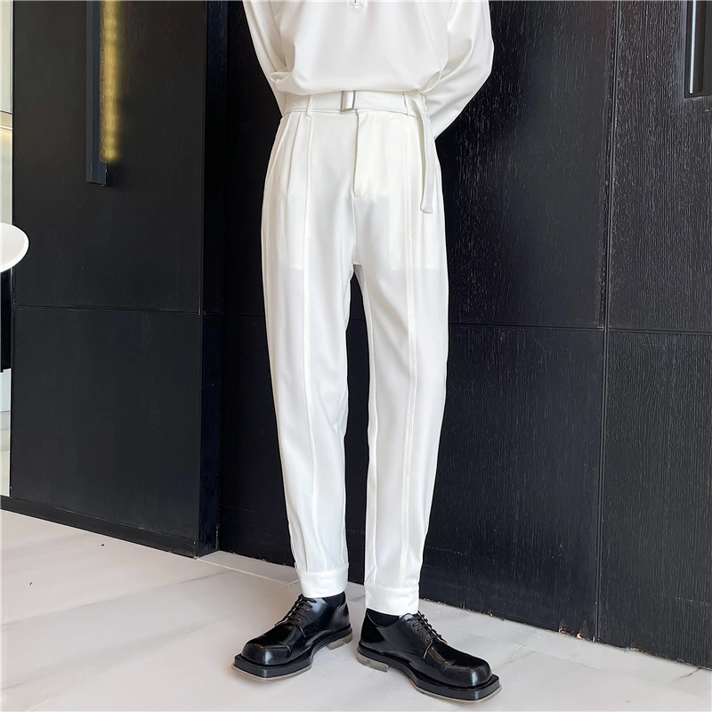 

Korean Style Chic Harem Pants Men Solid Black White Man Trouser with Belt Spring Summer Tapered Ankle Length Casual Pant Quality