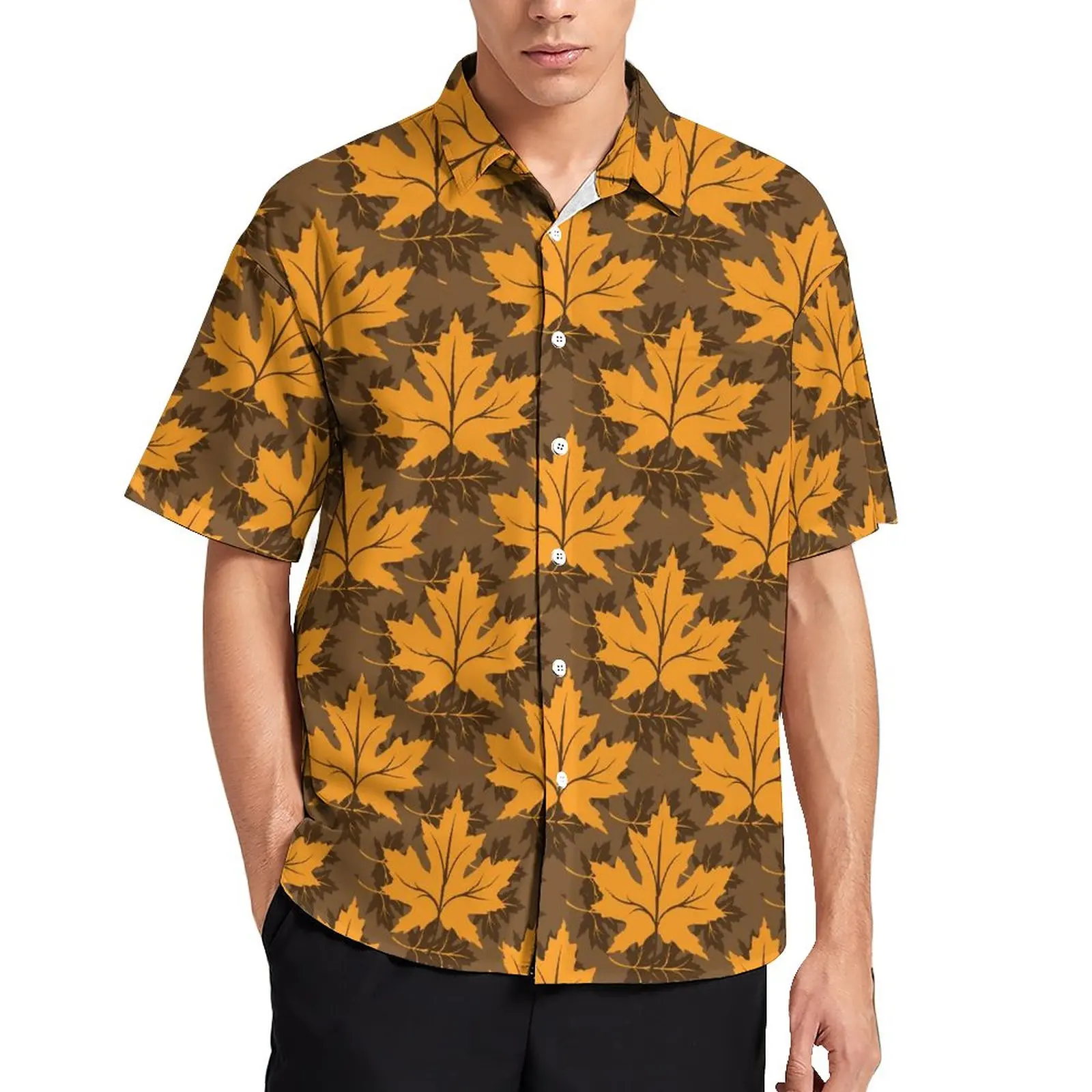 

Maple Leaf Print Beach Shirt Orange and Brown Hawaiian Casual Shirts Men Cool Blouses Short Sleeve Custom Clothes Plus Size