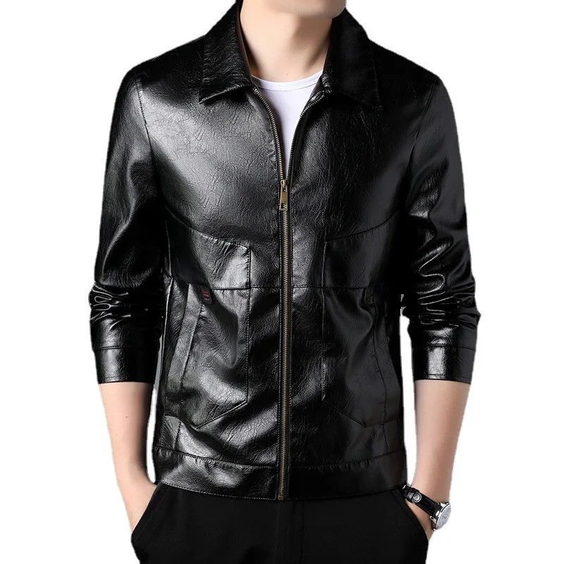 

Large size leather jacket men's spring and autumn new lapel black slim faux leather jacket/brand high-end men's business PU coat
