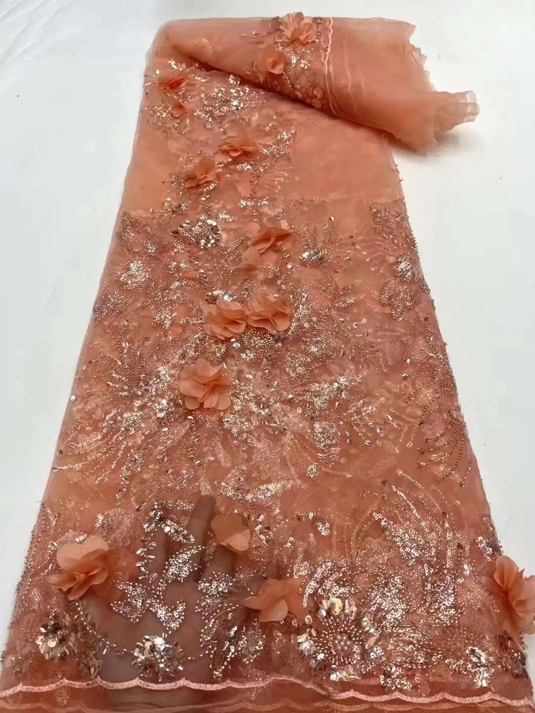

Красивая кружевная Цветочная с жемчугом, 3D вышивка, французская Тюлевая сетка, африканские блестки, кружевная ткань для вечерних платьев, свадебных торжеств