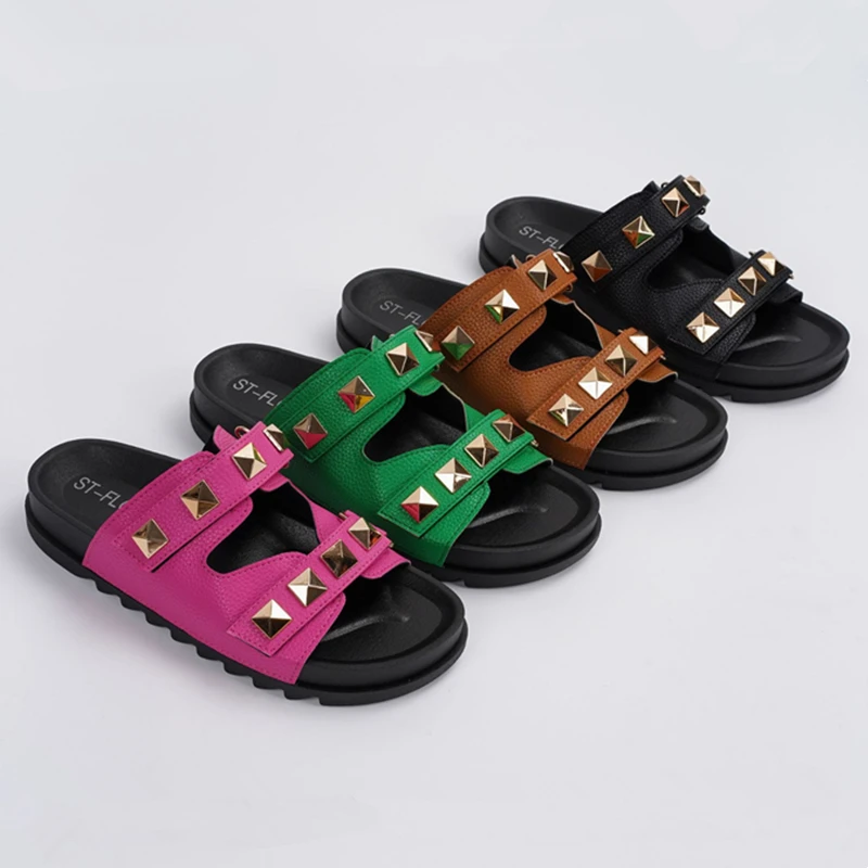 Summer New Fashion Rivet Sandals Solid Color Women's Low Heel Beach Slippers Sexy Open Toe Casual Women's Shoes Plus Size