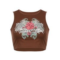 women summer casual vest crown printed slim fit round neck sleeveless crop tops