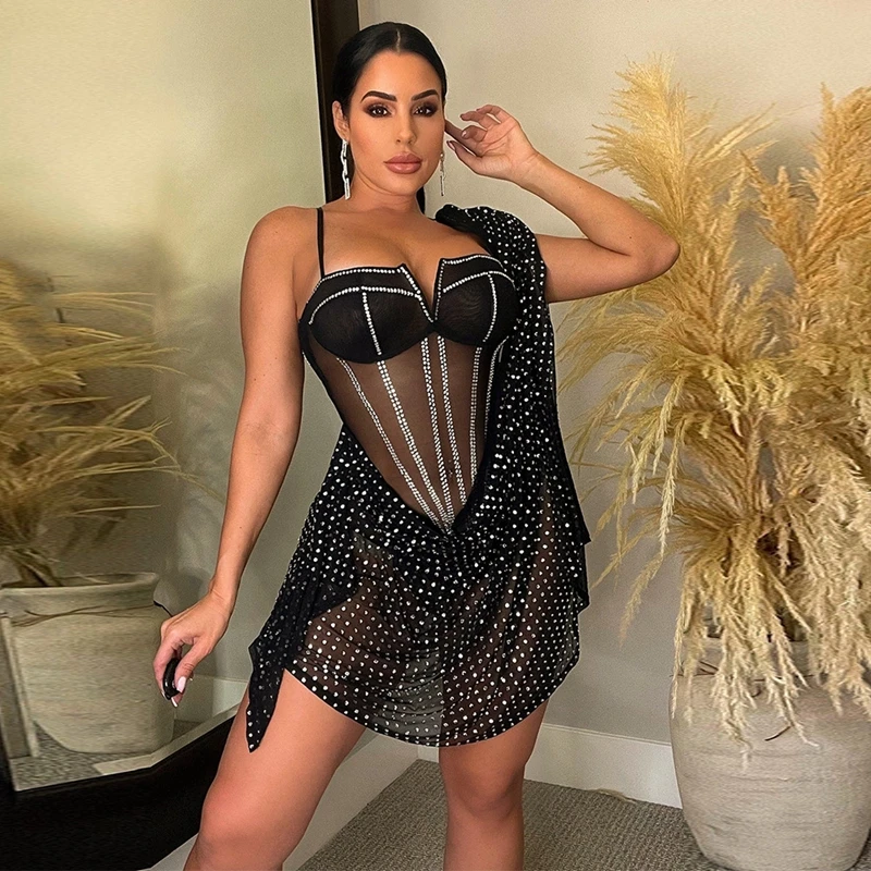 

Sexy Glitter Crystal Rhinestone Mini Dress For Women Spaghetti Strap Sheer Mesh Patchwork Corset Night Party Club Outfits S-XXL