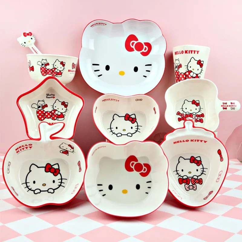 

KT Cat Kawaii Cartoon Print Children Cutlery Set Anime Figure Red Love Cutlery Set Fruit Bowl Drinking Glass Drop-resistant Gift