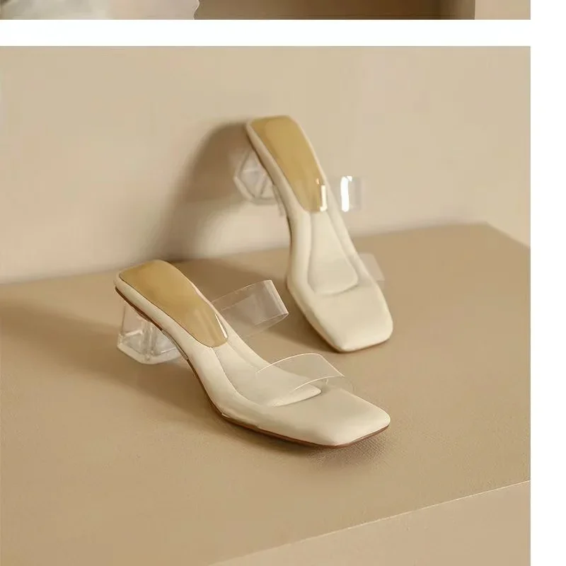 Сандалии женские пляжные прозрачные абрикосового цвета с квадратным носком