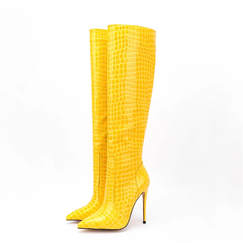 

2023 Winter New Yellow Luxury Women Pointed Toe Knee High Boots Serpentine Leather Long Boots Tacones 9cm High Heels Party Shoes