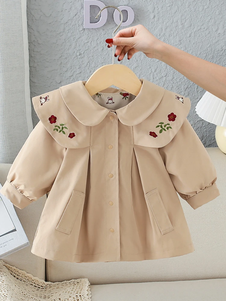 

2023 Spring Girl Long-sleeved Embroidered Coat Baby Infant Kids Children Windbreaker Contracted Leisure Jackets for Girls