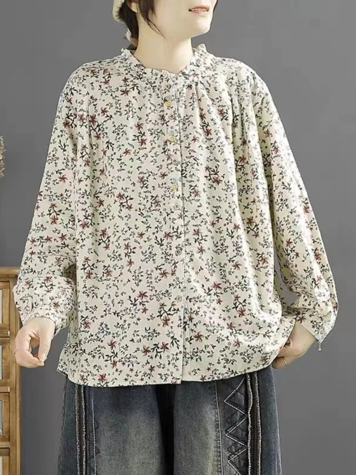 Женская свободная рубашка с длинным рукавом и цветочным принтом