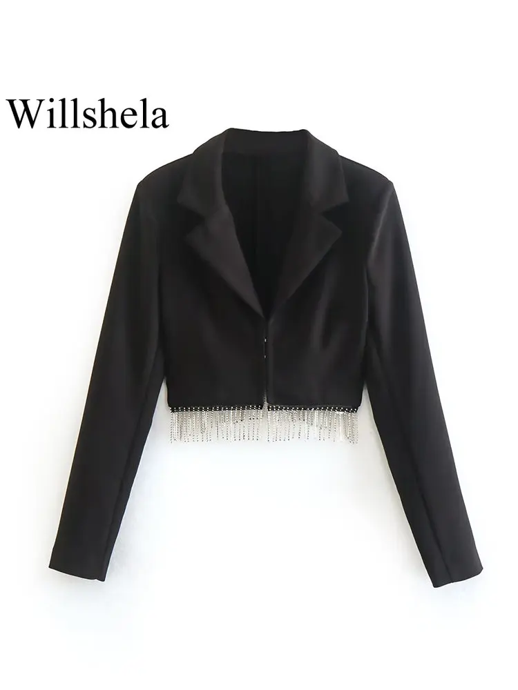

Willshela Women Fashion With Beading Solid Hidden Breasted Cropped Blazer Vintage Notched Neck Long Sleeve Female Chic Lady Coat