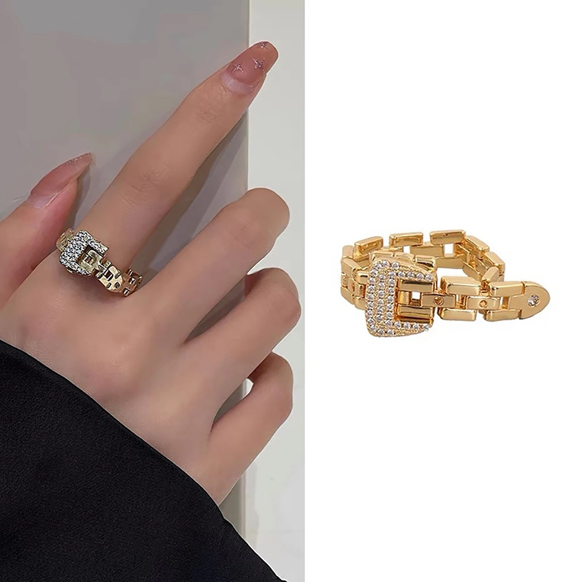 

Fashion Ring New Design Gold Color Adjustable Metal Rings for Women Men Charm Chain Gold Crystal Belt Ring Luxury Jewelry