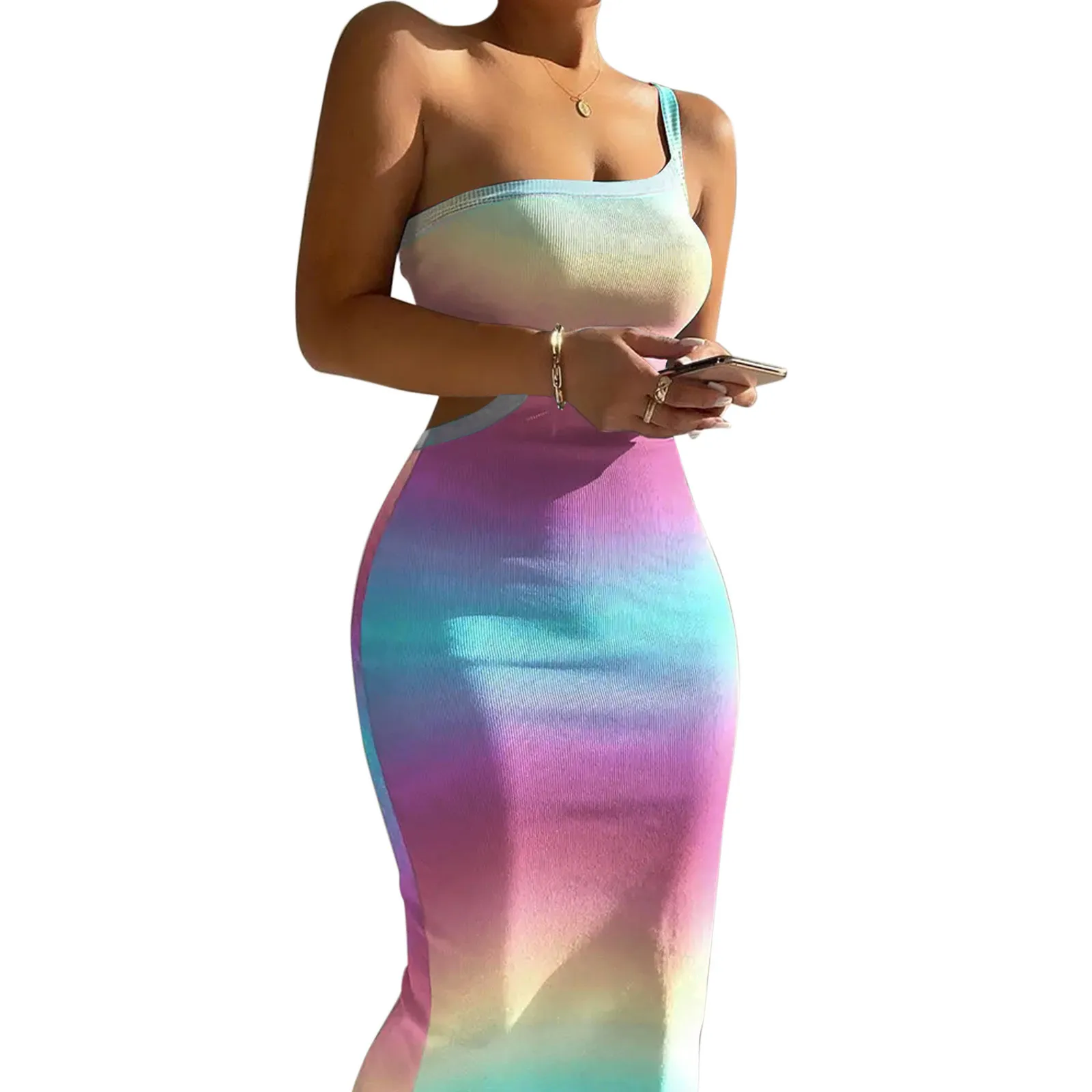 

Women Sexy Gradient Printing One Shoulder Suspenders Cutout Bodycon Hip Wrap Midi Dress Dress White Shirt for Women