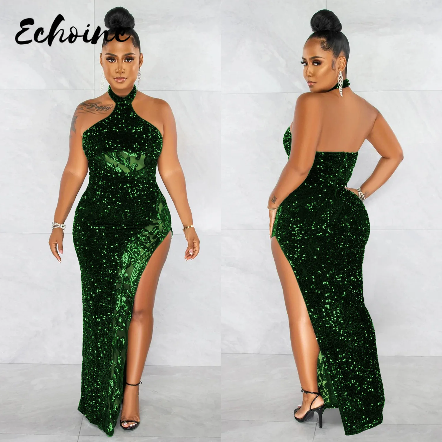 

Sexy Halter Green One-Shoulder Tight Slit Dress Women Sexy Sequins Reflective Material Fishtail Maxi Party Nightclub Dresses
