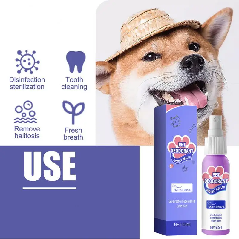 

60ml Pet Spray Dog Oral Care Bad Breath Teeth Cleaning Breath Freshener Plaque Remover Pet Deodorant Pet Care Cleaning Supply