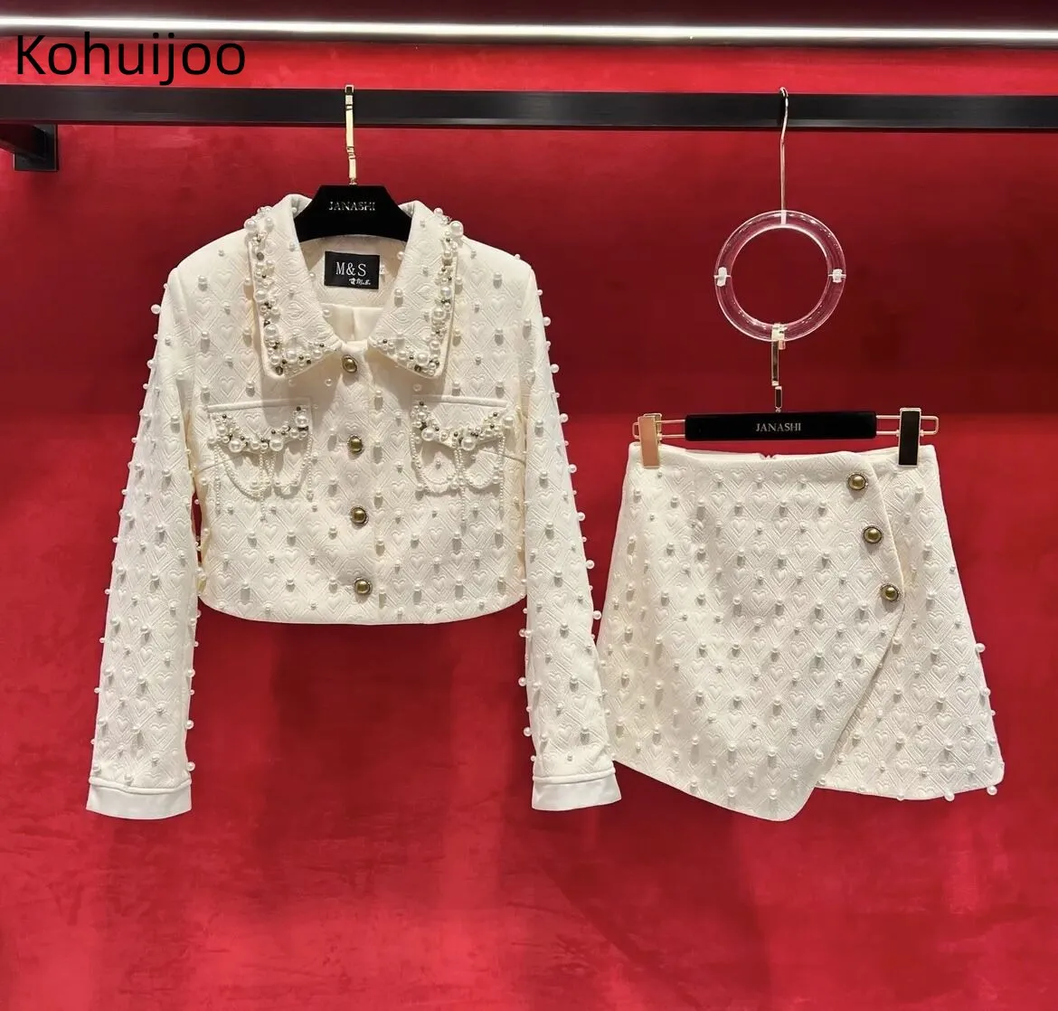 

Kohuijoo Heavy Beading Rhinestone Blazer Women 2022 Long Sleeve Suit Coat Single Breasted Beaded Long Sleeve Irregular Skirts