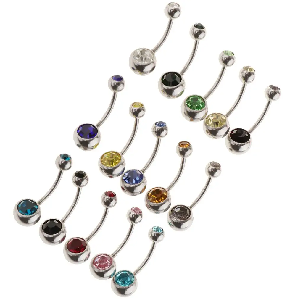 

15Pcs Fashion Multicolor Crystal Navel Barbell Women Belly Button Rings - 18g