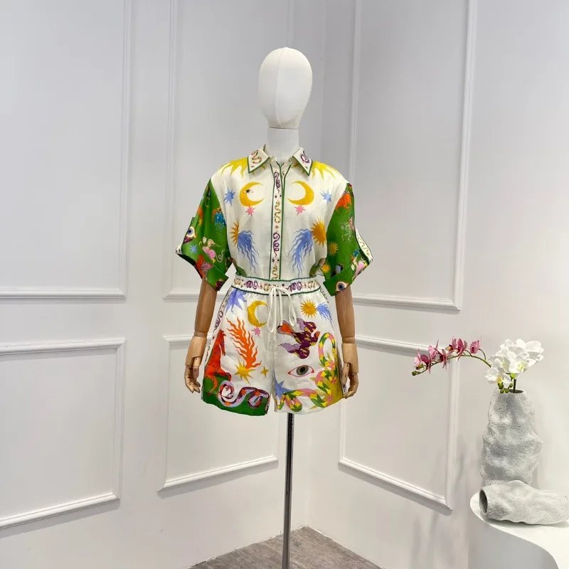 

2023 New Arrival Women High quality Line Printing Short Sleeve Blouse Elastic Waist Shorts Summer Two Pieces Set for Holiday