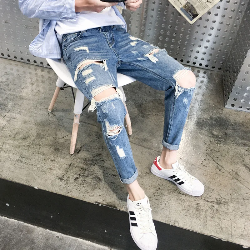 

Fashion 2022 Fashion Men's Cut Hole Ripped Trousers Jeans Korean Style Trendy Slim Feet Loose Casual Harem Pencil Pants Men