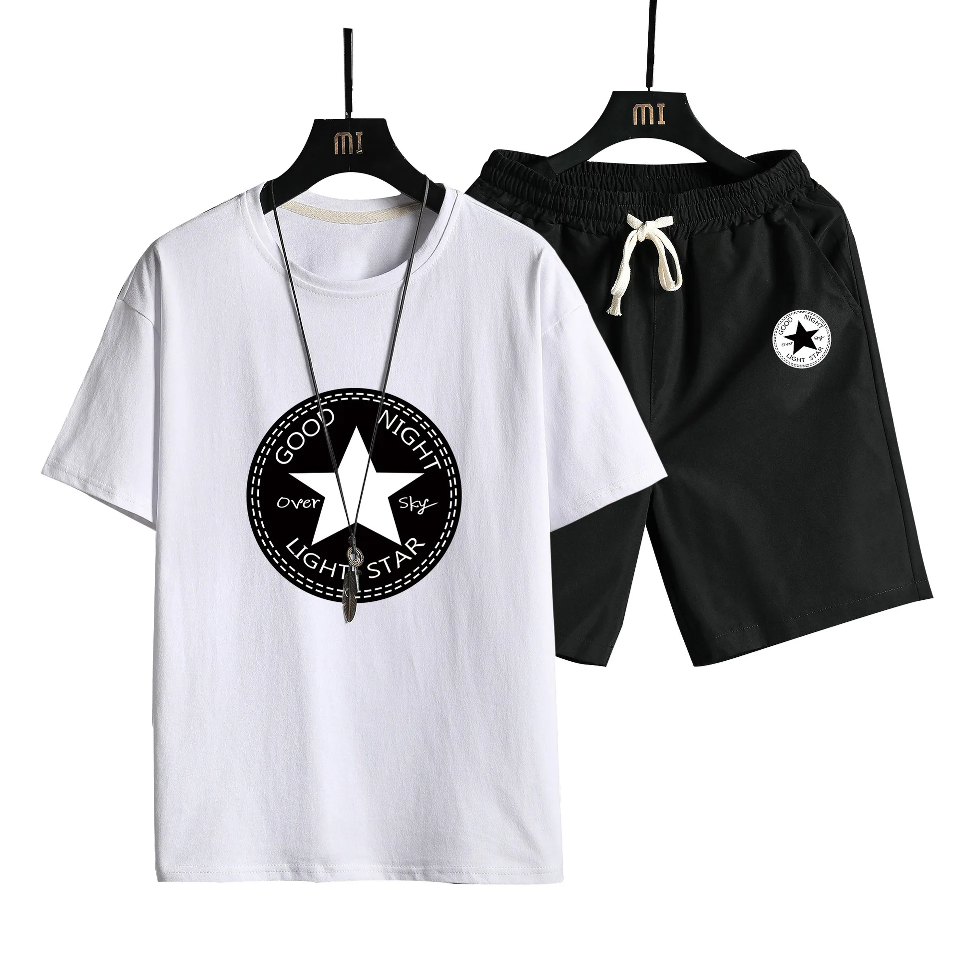 

Summer 2022 Men's Printed Japanese Hip Hop National Style Round Neck Short Sleeve T-shirt Set Casual Tether Shorts Two Piece Set