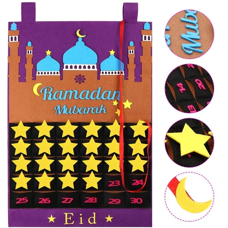 

2022 30 Day Ramadan Countdown Calendar Felt Eid Ramadan EidMubarak Muslim Barak al-Adha Decoration Countdown Calendar 50x30cm