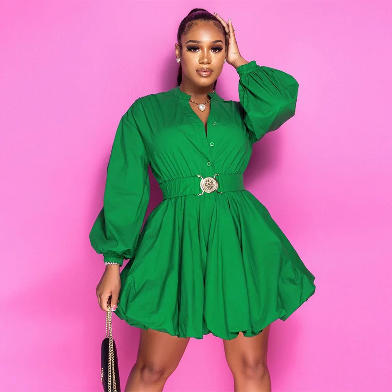 

PDEP Summer New Solid Standing Neck Long Sleeve Dresses for Women 2023 Formal Ladies Fashion Waist Short Vestidos Para Mujer