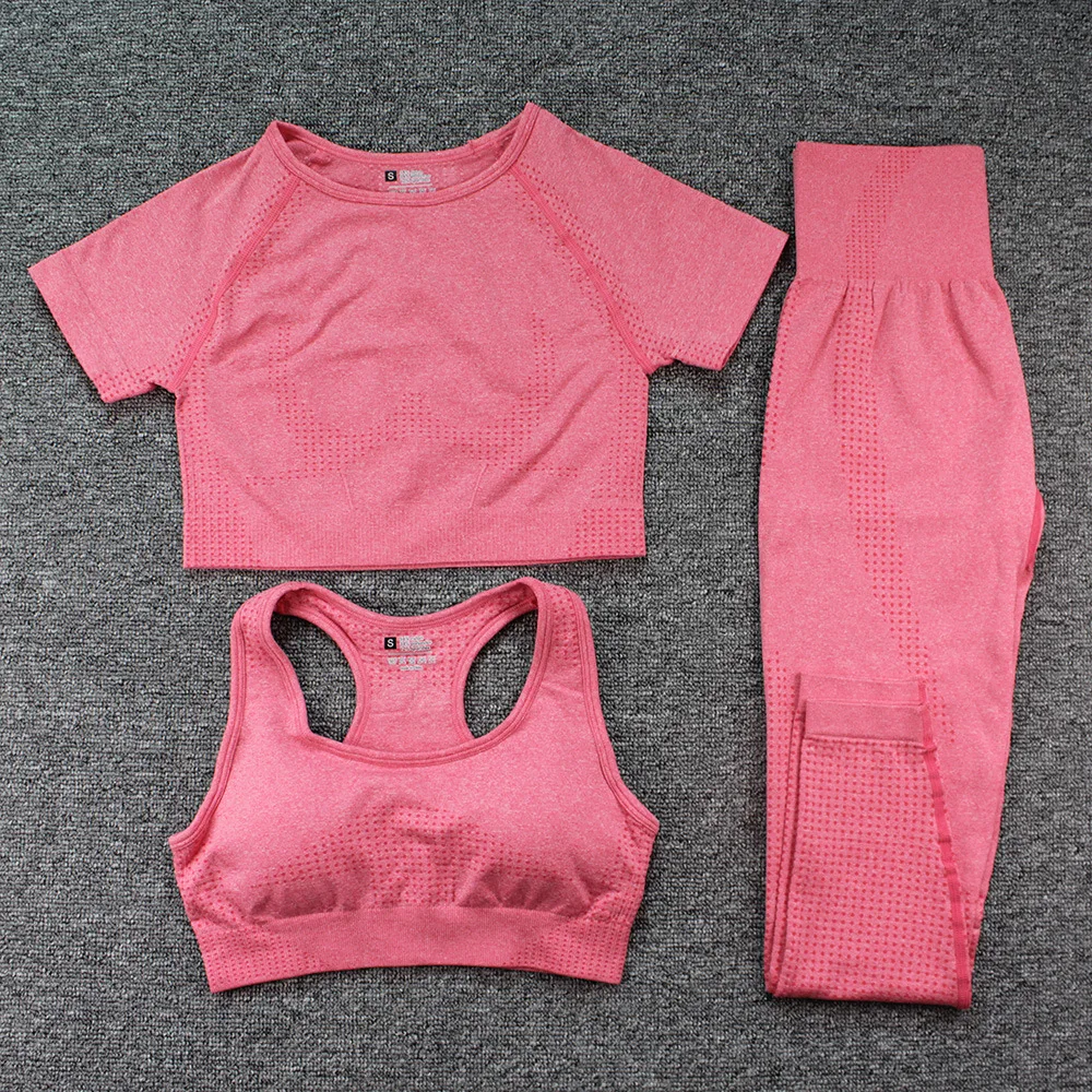 Summer 2022 Wholesale Women Workout Sports Bra  Leggings Short Sleeve Top Yoga Seamless Set