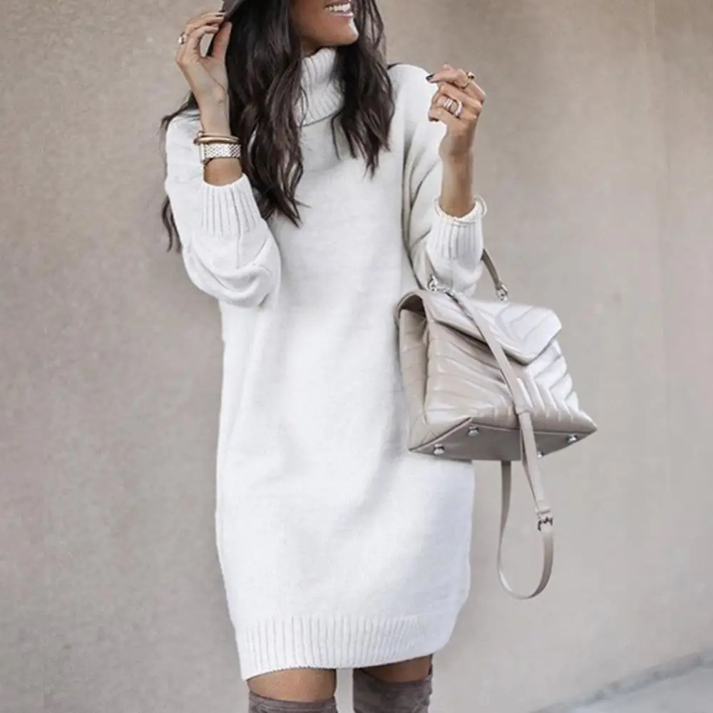 

Dress Women Knee-length Dress Loose Long Sleeve Autumn Turtleneck Warm Knitted Sweater Knee-length Dress