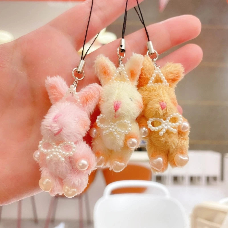 

Delightful Bunny Pearl Phone Cord Keychain Plush-Rabbit Ornament Cellphone Lanyard Fluffy-Bunny Pearl Lanyard Keychain