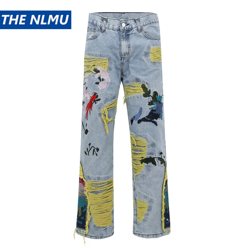 Hip Hop Ripped Denim Pants Jeans Streetwear Embroidery Flower Bird Denim Trousers Harajuku Hole Jeans Pants
