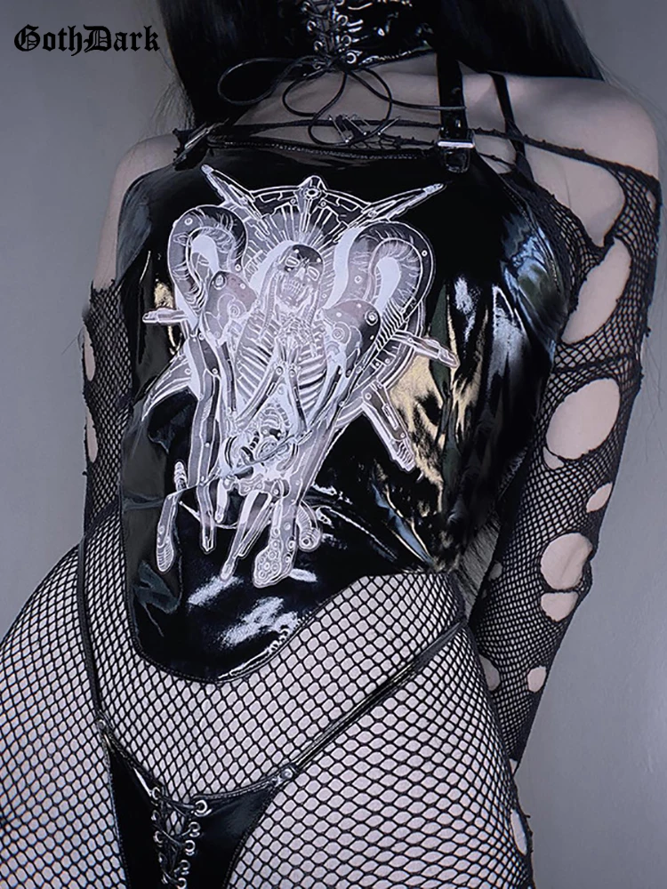 Goth Dark Emo Graphic Mall готический укороченный топ из искусственной кожи для женщин гранж