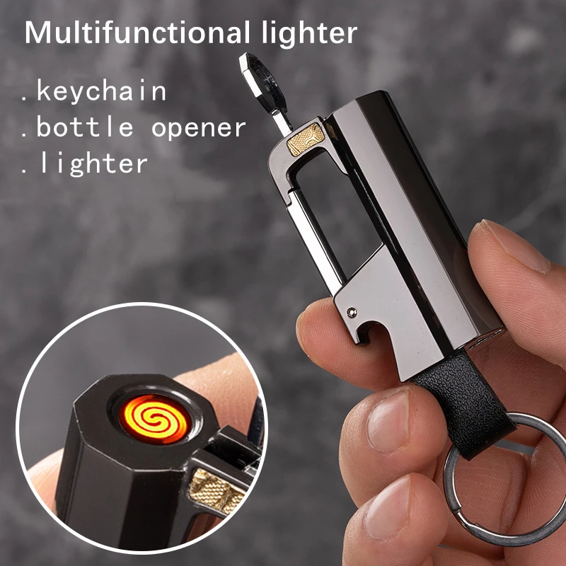 New USB Keychain Lighter Bottle Opener Metal Tungsten Wire Ignition Windproof Lighter Portable Cigarette Lighter Men's Gift