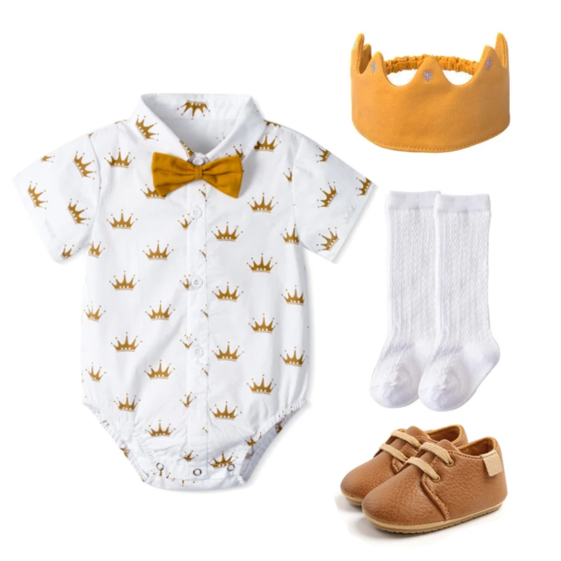 

Комбинезоны для маленьких мальчиков, летние хлопковые высококачественные комбинезоны с принтом короны и бантом, одежда для малышей, шапка ...