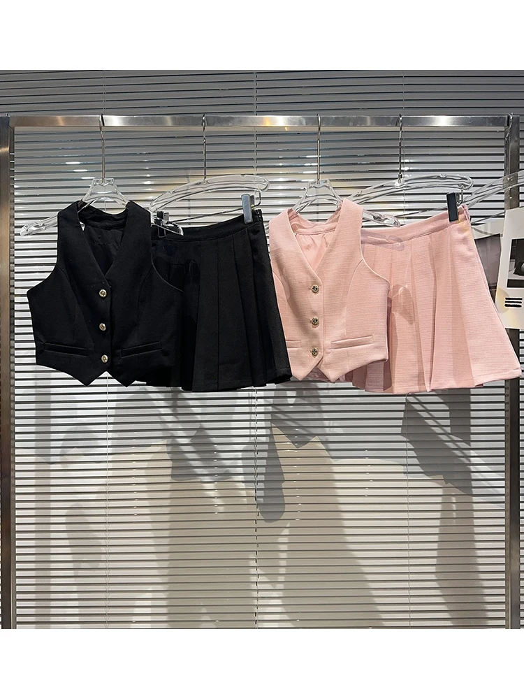 

HIGH STREET Newest 2023 Designer Runway Suit Set Women's Metal Buckle Vest Pleated Skirt Set