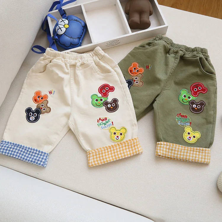 

New Children's Korean Version Boy Denim Shorts Summer Fashion Cartoon Rubber Band Belt Embroidery Edge Five-Point Pants