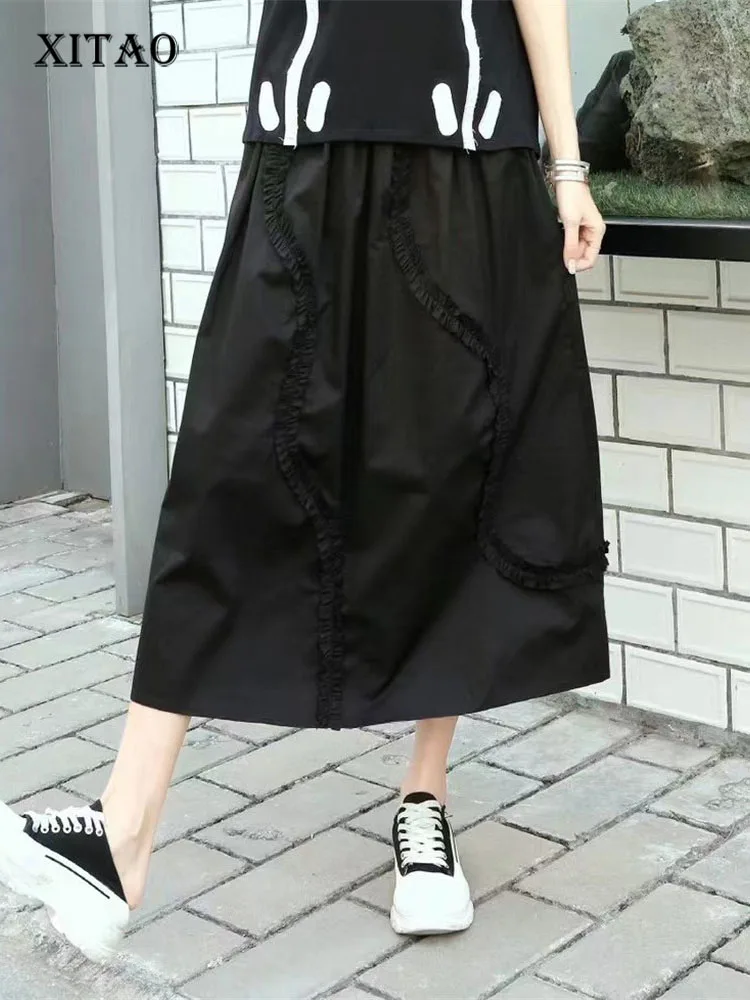

XITAO Ruffle Skirt Fashion Vintage Solid Color High Waist Minority Elegant 2022 Spring Black White Hem Patchwork Skirt WMD5059