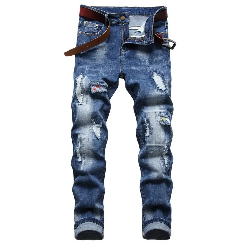 Men's Ripped Patch Jeans New High Quality Straight Slim Denim Pants Brand Elastic Casual Jeans Blue Nostalgic Plus Size 29-42