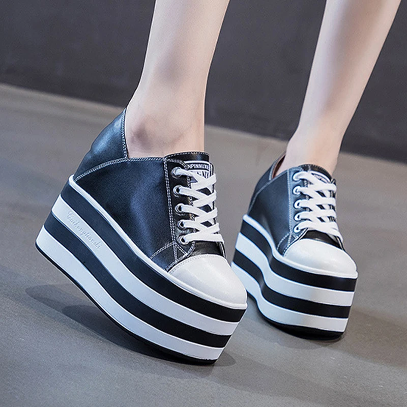 2023 Fashion New Genuine Leather 12cm Chunky Sneakers Wedge Platform Lace Breathable Heels Shoes Vulcanized Summer Females Shoes