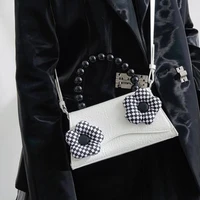 fashion sweet cool flower checkerboard plaid messenger bag dark y2k style womens shoulder crossbody bag beaded handle handbag