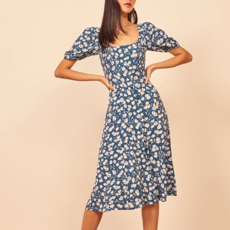 

2023 Spring and Summer Special Price Women Retro Print Puff Sleeve Long Dress Mid-Calf