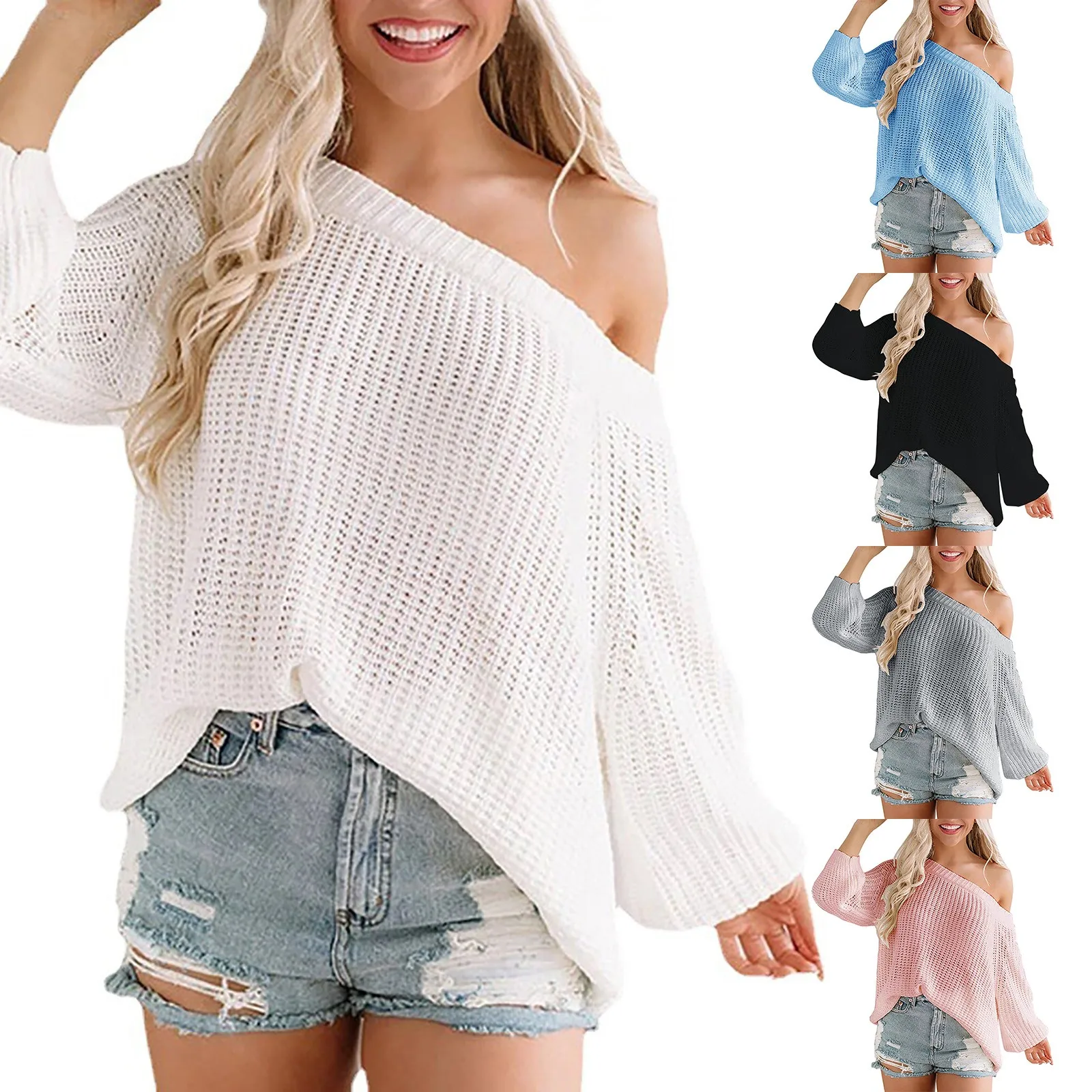 

Women'S Off The Shoulder Line Neck Hollow Out Loose Knit Pullover Sweater 90's Sweater Men