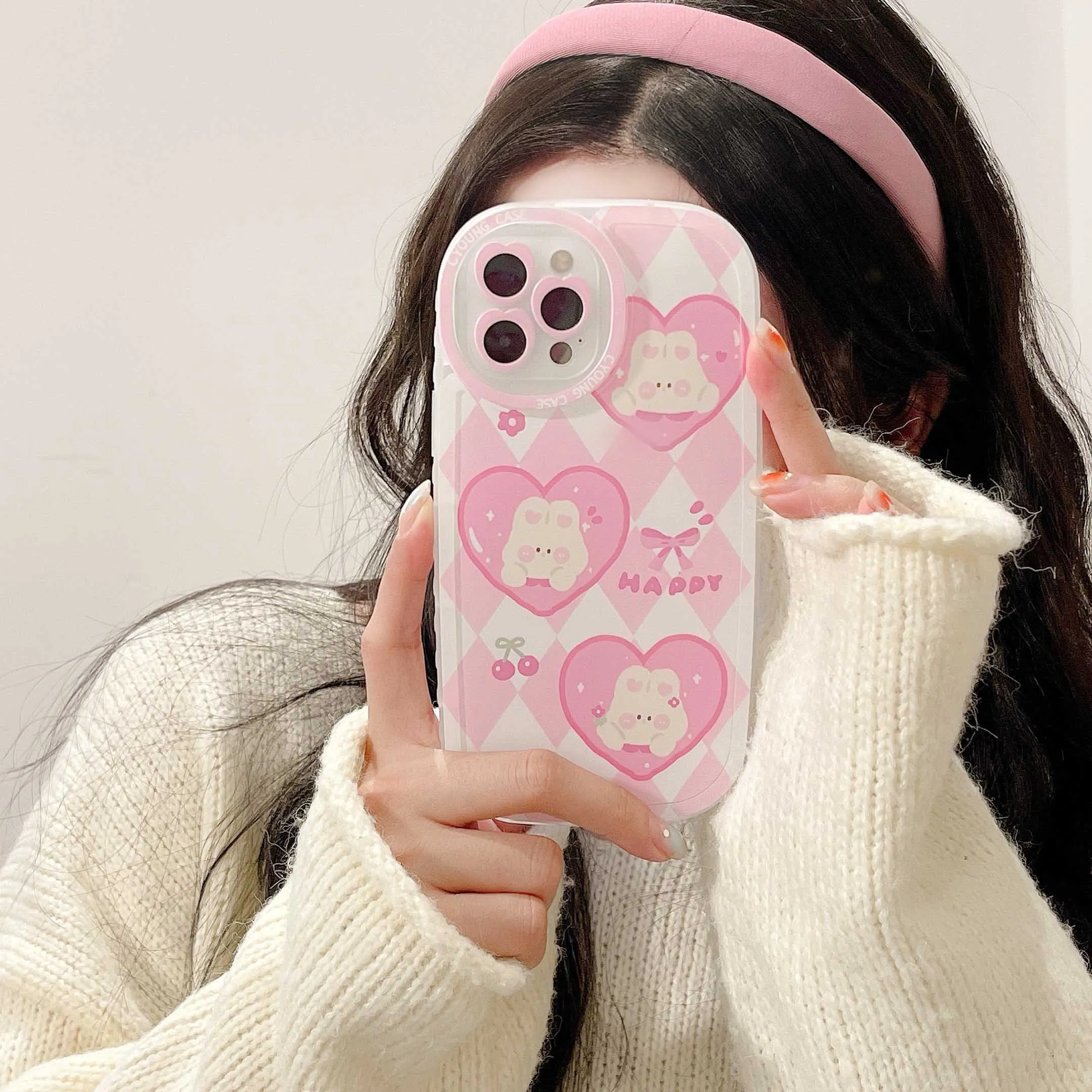 

Cute Bear Pink Grid Phone Case For Iphone 13Pro 12 11 13 Pro Max XR X XS 13ProMax Shockproof Fundas Cover Lovely Coque