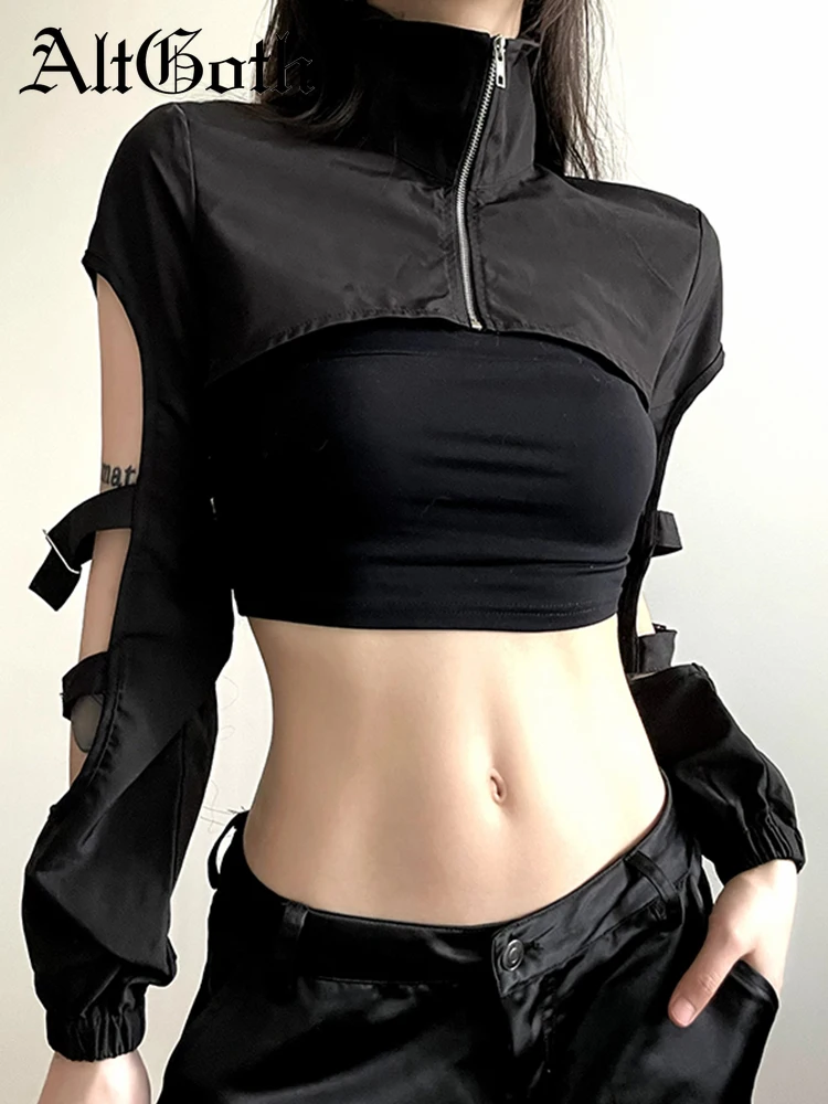 

AltGoth Harajuku Grunge Sexy T-shirt Women Mall Gothic Y2k Cyberpunk Long Sleeve Hollow Out Zipper Crop Tee Top Emo Alt Clothes