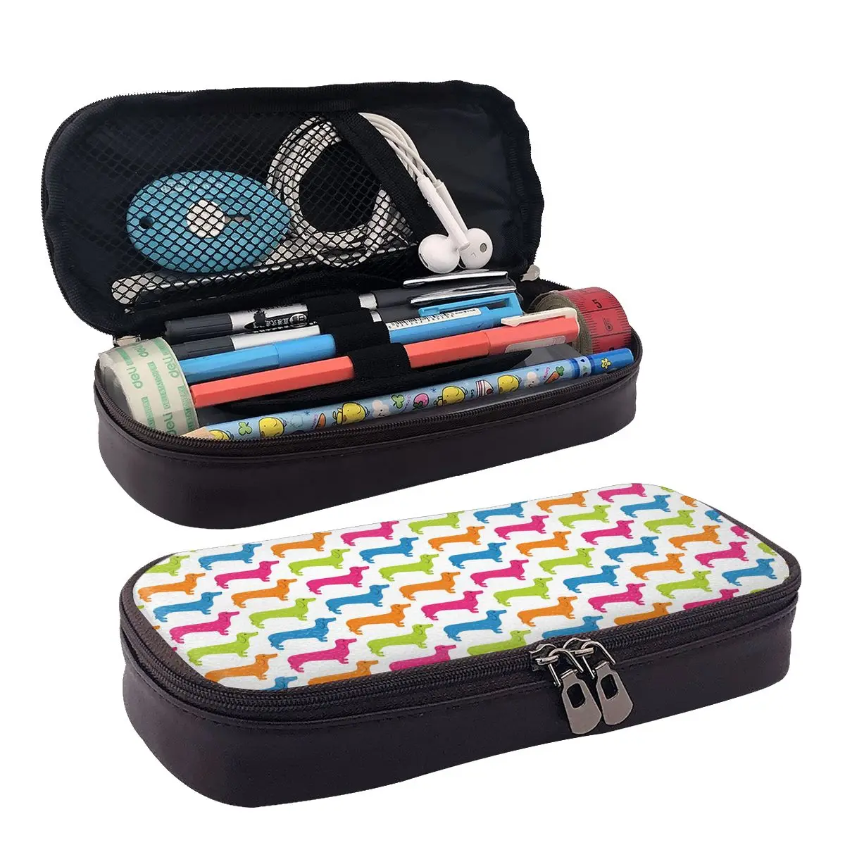 

Dachshund Of Various Color Leather Pencil Case Zipper Pencil Box Stationery Pen Pouch for Boys Girls School Students Work Office