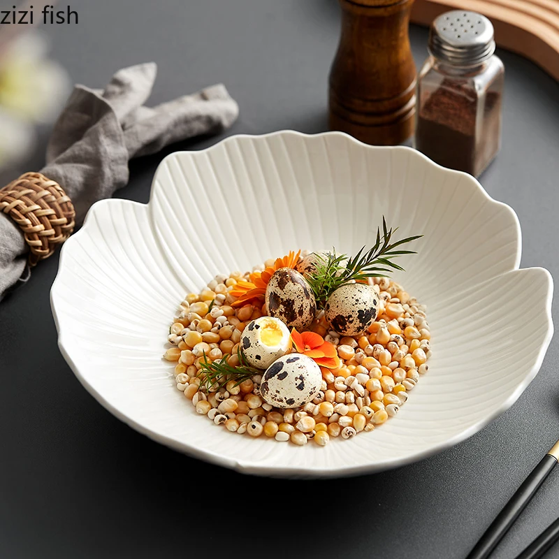 

Керамическая тарелка для салата в форме цветка, однотонная посуда, раковины для супа, миска для супа, для отеля, ресторана, десертный поднос для закусок, приблизительно