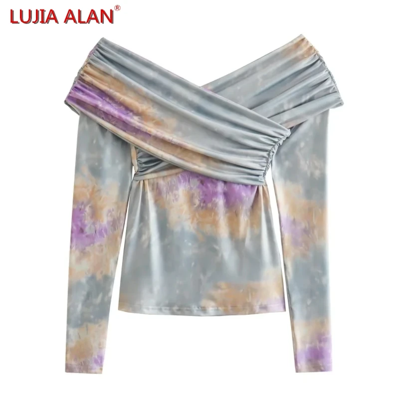 

Summer New Women Tie Dyed Printed Knitted T-shirt Casual Female Pleated Shawl Collar Long Sleeve Slim Fit Tops LUJIA ALAN T1822