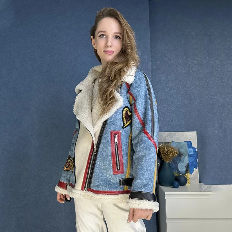 

2023 Winter Woman Overcoat Lambswool Leather Patchwork Loose Long Sleeve Locomotive Coat New Winter Zipper Female Chic Outwear