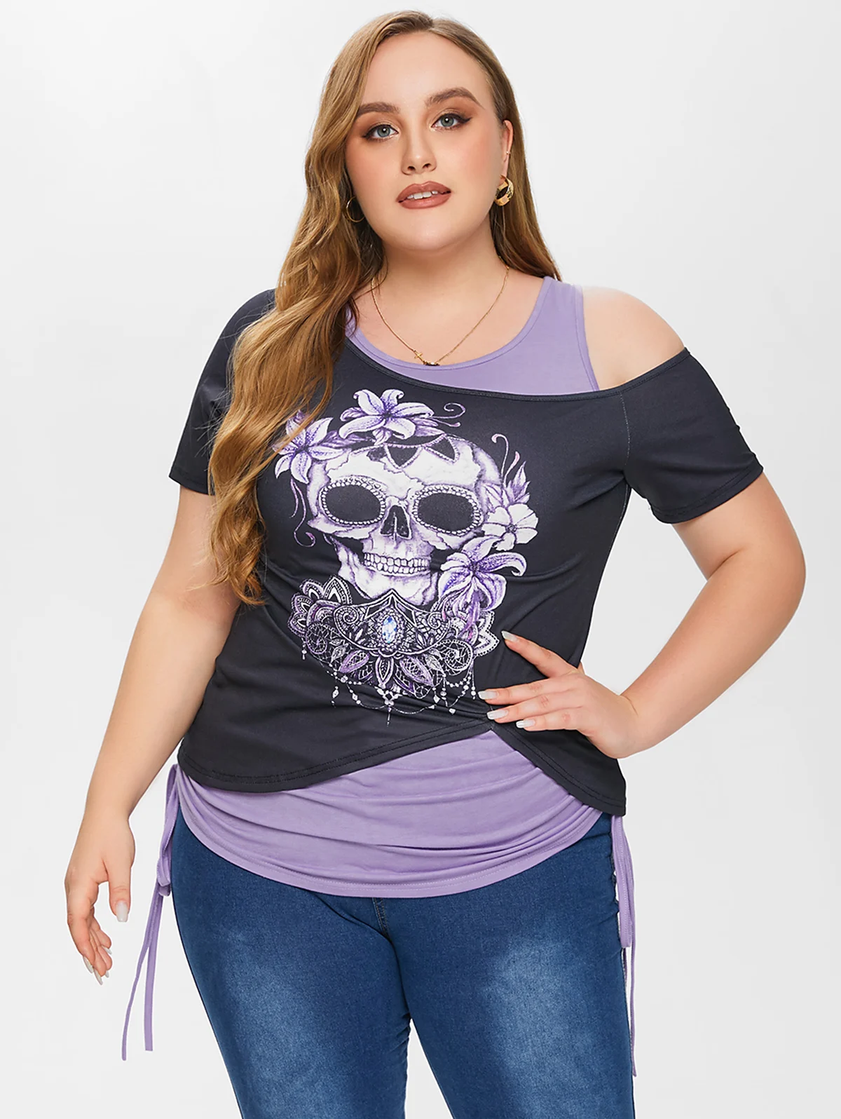 

Women's Skew Neck Skull Lace Gothic Tee and Ruched Blouson Tank Top Set Or Light Blue Contrast Lace Panel Cutout T-Shirts 4XL