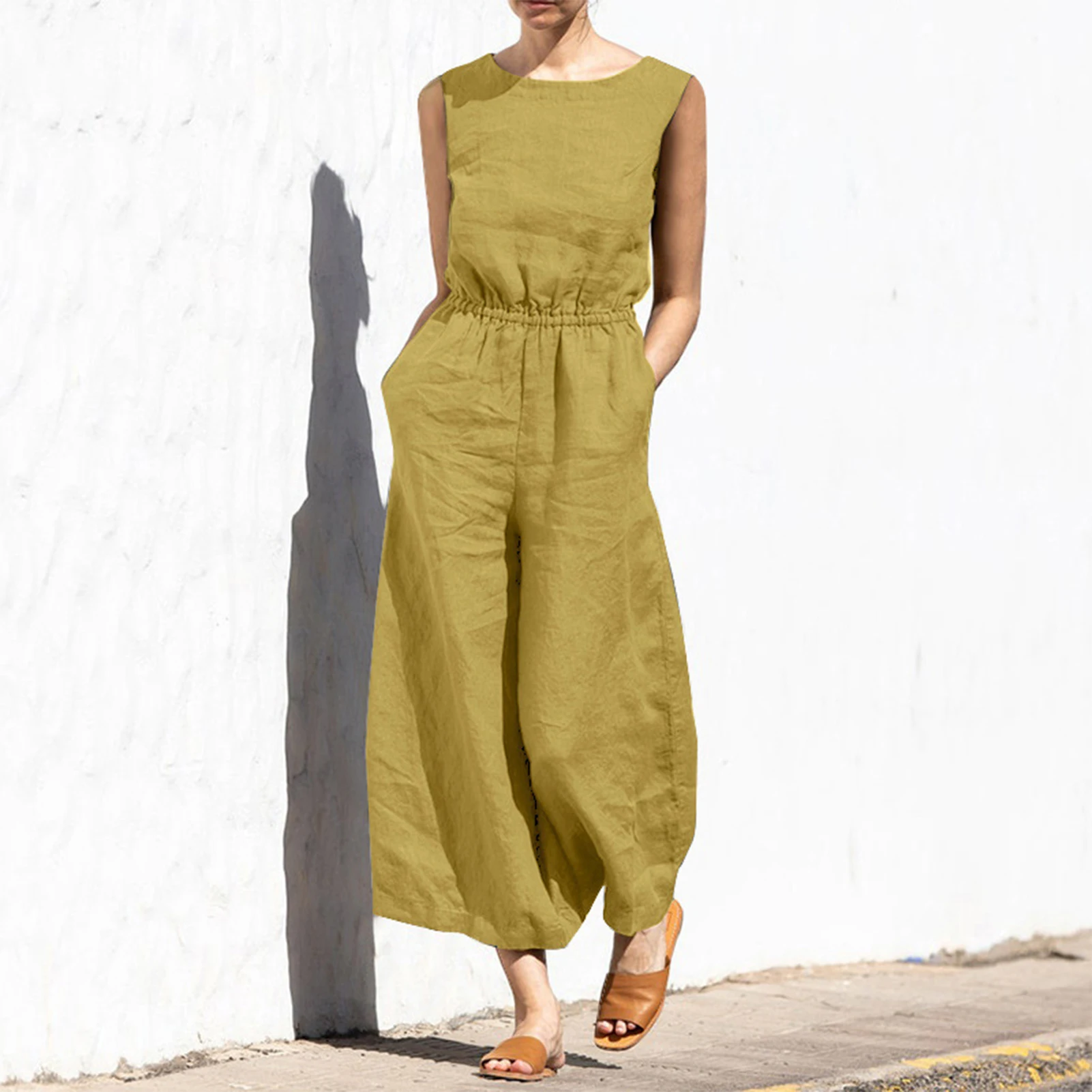 Summer Loose Solid Women Jumpsuits 2023 Summer Sleeveless O Neck Cotton Linen Romper Fashion Lady Elastic Waist Office Overall