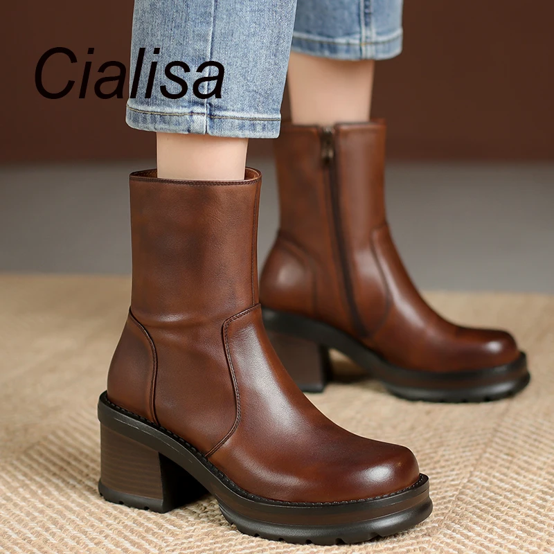 

Женские ботильоны из натуральной кожи Cialisa, винтажные короткие ботинки на платформе и высоком каблуке, с круглым носком, Осень-зима