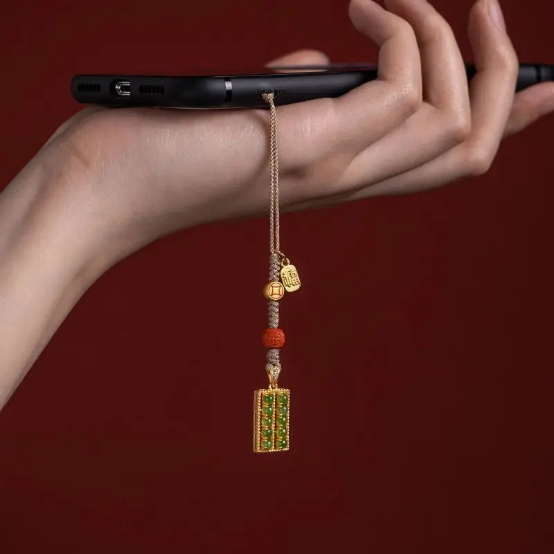 

Pure silver, ancient gold inlaid with Hotan Jade abacus, mobile phone pendant, fortune rolling, lucky mobile phone chain