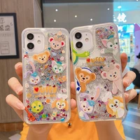 disney duffy and friends liquid quicksand bling sequins phone case for iphone 11 12 13 mini pro xs max 6 8 7 plus x xr cover